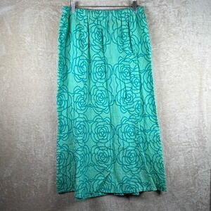FLAX Women's Midi Skirt Turquoise‎ Floral Linen Elastic Waist Drawstring Medium